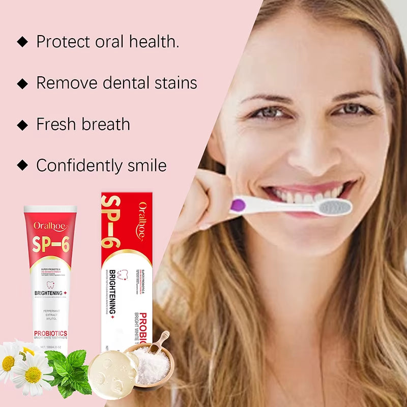 SP-6 Probiotic Toothpaste Whiten Clean Teeth Remove Stains Oral Care Management Fresh Breath with Sodium Saccharin Lactobacillus