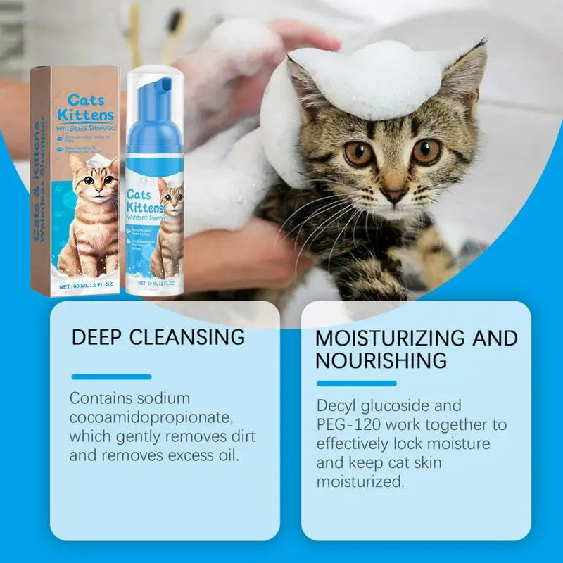 Waterless Cat Shampoo Waterless Cat Shampoo Licking Safe Dry Shampoo 60Ml Gentle Foam Shampoo for Cats Deep Cleansing Relieves