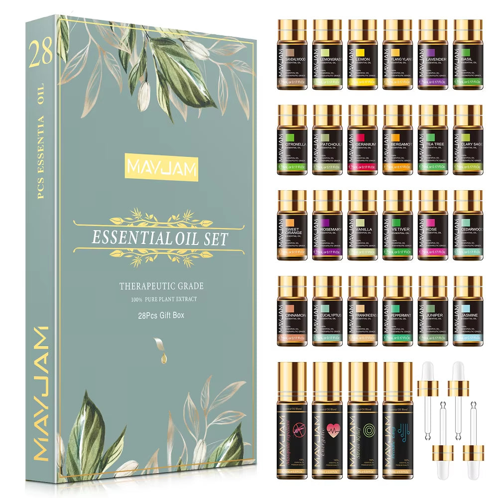 28Pcs Pure Natural Essential Oils Gift Set Massage Shower Diffuser Aroma Oil Lavender Vanilla Sage Jasmine Rose Stress Relief