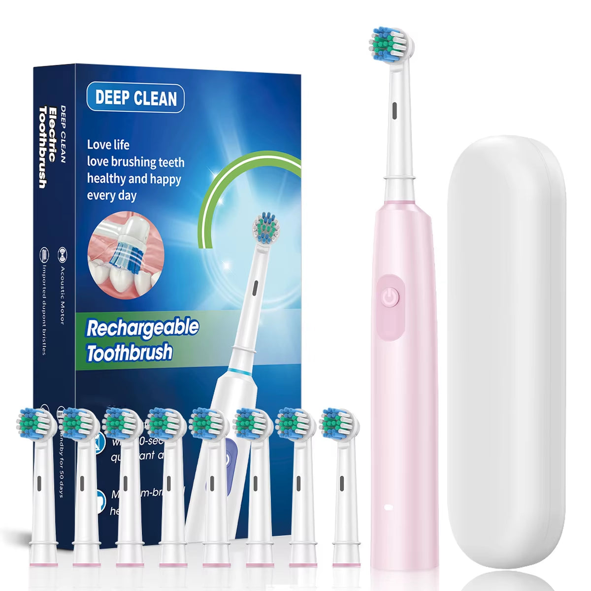 Electric Toothbrush Rotary Cleaning Teeth Brush Waterproof Electronic Tooth Brush with Timer Rechargeable Toothbrush with 8 Head