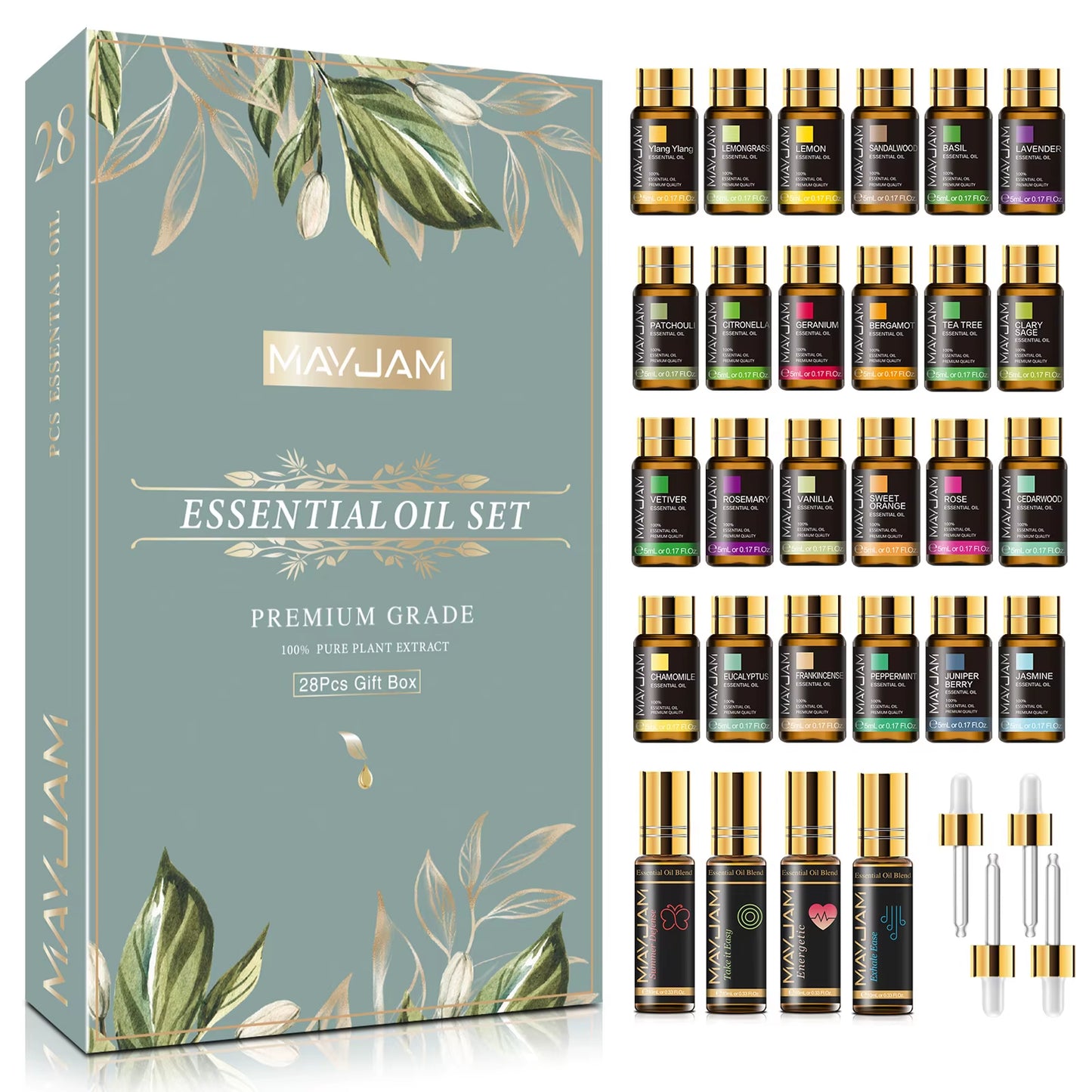 28Pcs Pure Natural Essential Oils Gift Set Massage Shower Diffuser Aroma Oil Lavender Vanilla Sage Jasmine Rose Stress Relief