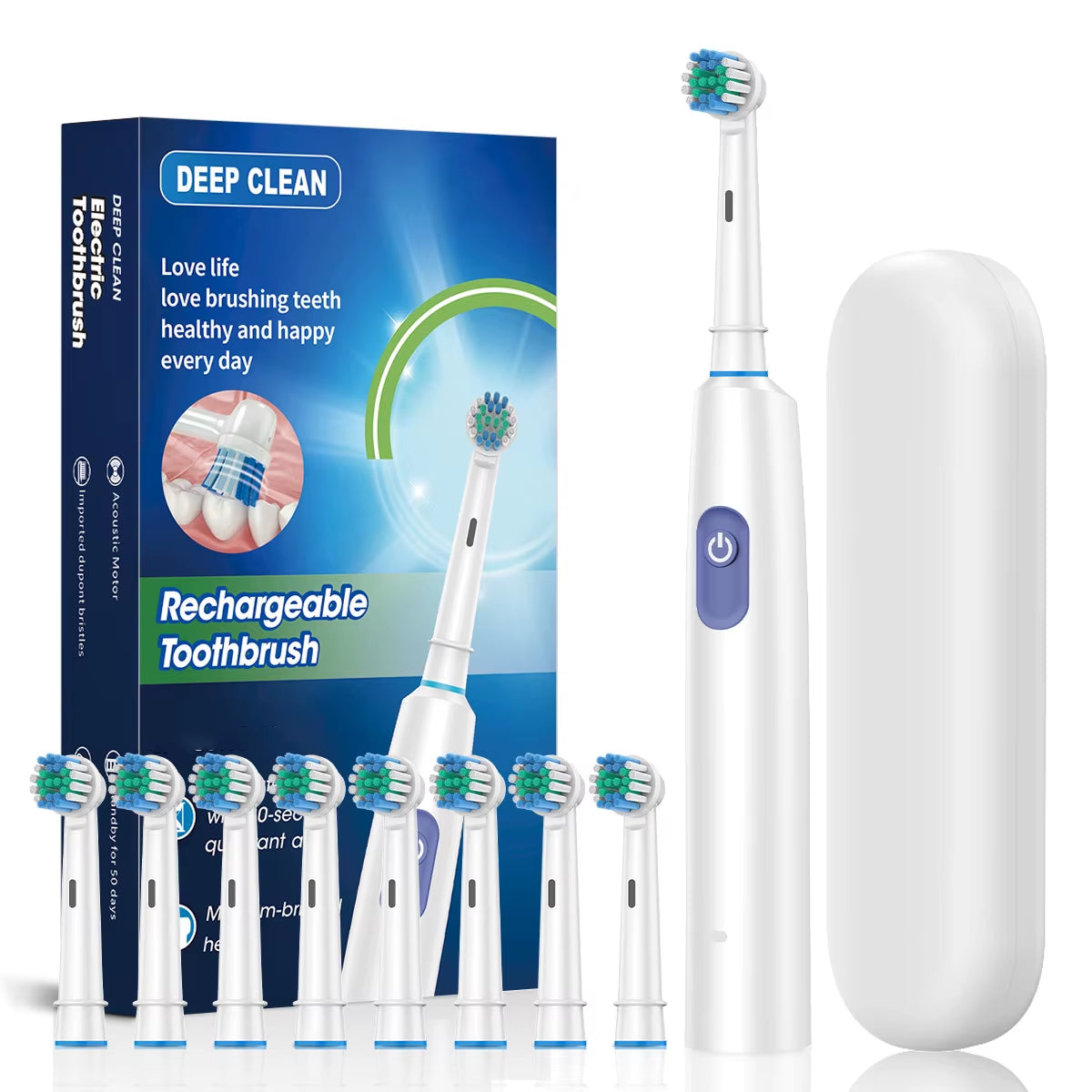 Electric Toothbrush Rotary Cleaning Teeth Brush Waterproof Electronic Tooth Brush with Timer Rechargeable Toothbrush with 8 Head