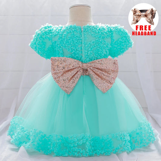 Infant Sequin Bow Baptism Dress for Girls - Christening and First Birthday Gown for Baby Toddlers - Elegant White Party Dress