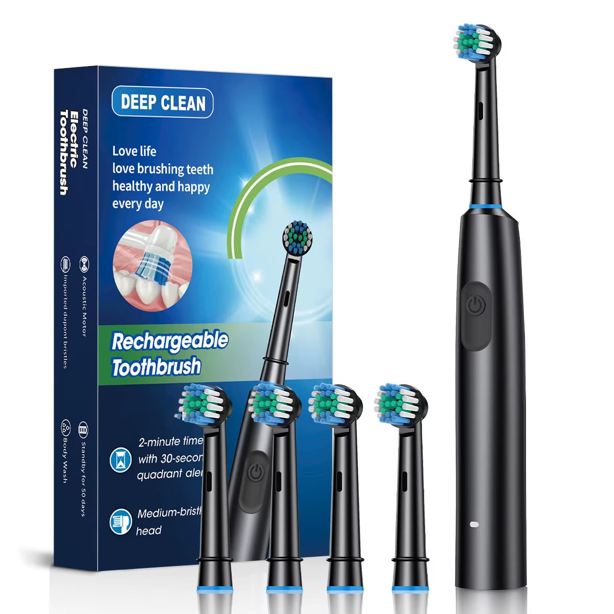 Electric Toothbrush Rotary Cleaning Teeth Brush Waterproof Electronic Tooth Brush with Timer Rechargeable Toothbrush with 8 Head