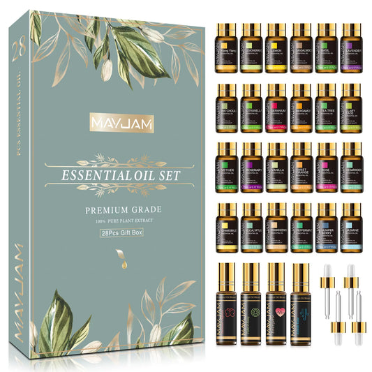 28Pcs Pure Natural Essential Oils Gift Set Massage Shower Diffuser Aroma Oil Lavender Vanilla Sage Jasmine Rose Stress Relief